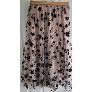 Womens Tulle Midi‎ Skirt M Pink Black Velvet Floral Sheer Layered High Low
